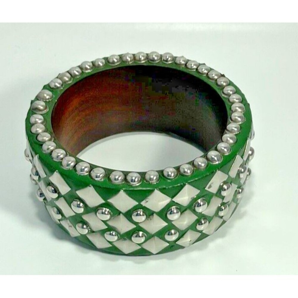 Antika Collection Faux Wood Leather Green Silver Studded Bracelet Made in India